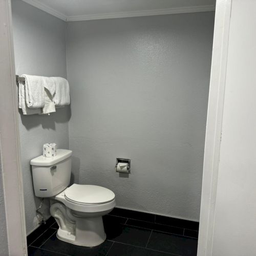 The image shows a bathroom with a white toilet, wall-mounted toilet paper holder, and a towel rack with folded towels on a gray wall.