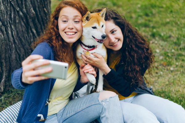 Two people are sitting on the grass, taking a selfie with a dog between them. They are smiling and look happy together.