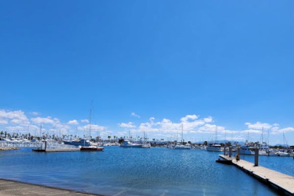 The image shows a serene marina with docked boats under a clear blue sky. There are docks extending into the water.