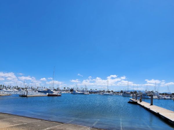 The image shows a serene marina with docked boats under a clear blue sky. There are docks extending into the water.